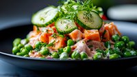 Fresh salmon salad with green peas, cucumber slices, and herbs on black plate, close up view of healthy meal with vibrant colors and textures.