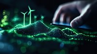 Glowing green data visualization of wind turbines on mountain landscape with hand using digital device, representing renewable energy analytics.