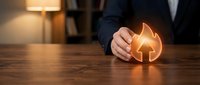 Businessman protecting glowing house model with hands on wooden desk, symbolizing home insurance, real estate protection and property security concept.