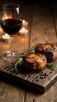 Grilled beef steaks on wooden board with red wine glass and candles creating romantic dinner atmosphere on rustic table for fine dining experience.