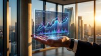 Businessman holding holographic stock market chart with upward trending graphs and volatility data above palm against cityscape window at sunset.