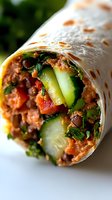 Fresh vegetarian wrap filled with crisp cucumber, black beans, tomatoes, leafy greens and creamy spread in tortilla, close-up view showing layered ingredients.