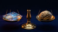 Golden balance scale weighing human brain against money banknotes on dark background representing choice between intelligence and wealth.