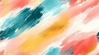 Abstract brushstroke pattern in coral pink, turquoise blue and golden yellow colors with dynamic diagonal movement and textured paint strokes on white background.