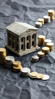 Miniature bank building surrounded by stacks of golden and silver coins on marble surface representing financial services, savings, investment and economy.