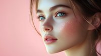 Young woman with glowing skin and blue eyes in soft pink lighting, artistic fantasy makeup with white dots, ethereal beauty portrait showing side profile.