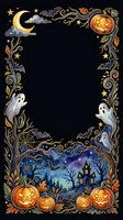 Ornate frame featuring crescent moon, jack-o'-lanterns, ghosts, haunted mansion, and autumn foliage on black background. Isolated design element suitable for greeting cards, invitations, posters, and seasonal marketing materials.