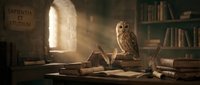 Wise owl perched on ancient books in mystical library with warm sunlight streaming through arched window creating magical scholarly atmosphere for education designs.