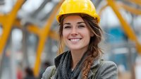 Young Caucasian female construction worker wearing yellow hard hat smiling confidently at industrial site with steel framework background for safety campaigns.