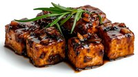 Grilled tofu cubes with teriyaki glaze and fresh herbs on white background. Plant-based protein meal for healthy cooking and vegetarian cuisine recipes.