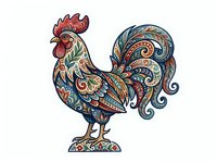 Ornamental rooster with decorative floral patterns and swirling tail feathers, isolated on white background, ready for design projects and print applications.