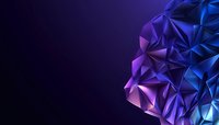 Abstract geometric crystal with purple and blue gradient polygonal facets on dark background for modern digital design and technology concepts.
