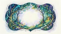 Enchanted forest frame with mystical trees, flowers and fairy tale cottage creating magical oval border for text or design on light background.