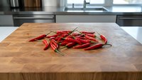 Fresh red chili peppers scattered on wooden cutting board in modern kitchen ready for cooking spicy dishes and culinary preparations.