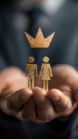 Golden crown hovering above male and female figures in cupped hands, symbolizing gender equality, leadership, and empowerment for business concepts.