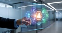 Professional businessman touching holographic customer care interface with hexagonal icons in modern office environment for digital service solutions.