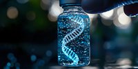 Glowing DNA helix structure floating in blue liquid inside glass bottle against blurred bokeh background, scientific research concept for genetics and biotechnology.