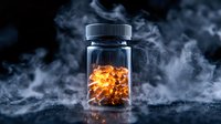 Glowing orange substance in medical glass bottle surrounded by dramatic smoke on dark background. Scientific laboratory concept for pharmaceutical research.