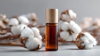 Amber essential oil bottle with wooden cap surrounded by natural cotton flowers on neutral gray background for wellness and aromatherapy.