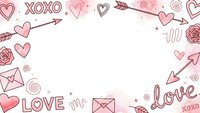 Romantic pink doodle frame with hearts, arrows, roses and love symbols on white background for Valentine's Day cards, wedding invitations and design.