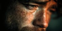 Close-up portrait of a young Caucasian man with freckles and intense gaze in dramatic lighting, showing emotional depth against dark background.