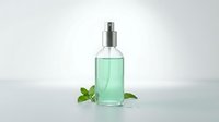 Green mint spray bottle with fresh leaves on white background for natural skincare and aromatherapy products.