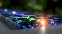 Glowing network connections with bright light point on dark surface, abstract technology background with colorful neon lines and nodes forming digital mesh.