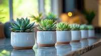 Small green succulent plants in white ceramic pots arranged in row on marble countertop, creating minimalist home decor composition with natural window light.
