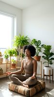 Young woman of African descent in meditation pose on woven floor cushion surrounded by potted houseplants near bright window. Wellness and mindfulness concept for yoga, meditation, and home decor.