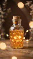 Glass bottle with cork stopper filled with golden amber spheres and liquid, set on wooden surface with warm bokeh lights and dried flowers in soft-focus background for wellness and aromatherapy designs.