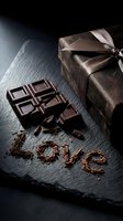 Dark chocolate pieces and shavings spelling Love on slate board beside an elegant ribbon-tied gift box, romantic Valentine concept.