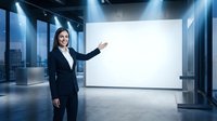 Professional businesswoman presenting at blank whiteboard in modern corporate office with city view and dramatic lighting for business meetings.