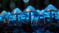 Glowing blue mushrooms with magical sparkles in dark forest, mystical nature scene with bioluminescent fungi creating ethereal atmosphere. Perfect for fantasy designs.