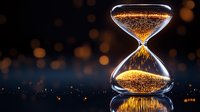Glowing hourglass with golden sand particles against dark background with bokeh lights, symbolizing time passing and precious moments. Reflection on glossy surface.