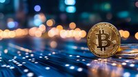 Golden bitcoin coin standing on circuit board against blurred city lights background with bokeh effect creating modern financial technology concept.