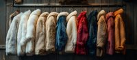 Collection of luxury fur coats in various colors hanging on wooden wall, fashion retail display showing white, blue, red and brown winter outerwear garments.