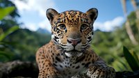 Majestic jaguar close-up portrait showing detailed spotted coat pattern and intense gaze against blurred tropical forest background, powerful predator in natural habitat.