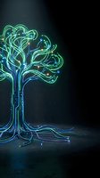 Glowing neon tree with circuit board branches and electronic pathways on dark background for technology and innovation concepts.
