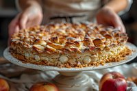 Homemade apple meringue pie with toasted marshmallow topping served on elegant cake stand, perfect for food blogs and restaurant menus. Fresh apples in background create cozy atmosphere.
