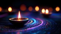 Traditional oil lamp glowing with warm flame surrounded by colorful bokeh lights creating magical atmosphere for festivals and celebrations.