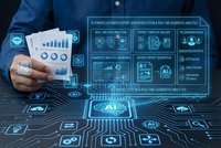 Business professional analyzing financial data with futuristic holographic interface displaying charts, graphs and analytics dashboard for corporate strategy.