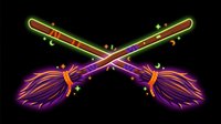 Pair of glowing neon magic wands with purple and green luminous effects, crossed design with sparkles and stars on black background, isolated clipart for fantasy game graphics and magical designs.