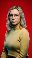 Young blonde woman wearing glasses and yellow turtleneck sweater against red background for professional headshot or portrait photography.