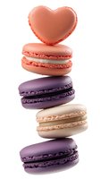 Colorful French macarons stacked vertically with heart-shaped macaron on top, isolated on white background for bakery and dessert designs.