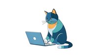 Business cat working on laptop computer isolated on white background for remote work and freelance design projects.