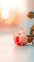 Single pink rose lying on reflective surface with soft bokeh background in warm sunset lighting, creating romantic and dreamy atmosphere.