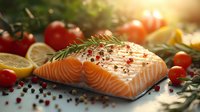 Fresh salmon fillet seasoned with herbs and spices on slate board surrounded by colorful vegetables and lemon slices in warm natural lighting for cooking.