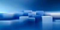 Minimalist abstract composition with geometric white cubes on reflective surface against deep blue gradient background creating modern architectural atmosphere.