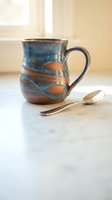 Handcrafted ceramic mug with blue and orange glazed finish sits on marble counter with silver spoon beside it in bright kitchen setting.