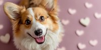Happy Welsh Corgi dog with smiling face against pink background with white heart decorations, perfect for Valentine's Day or pet love concept.